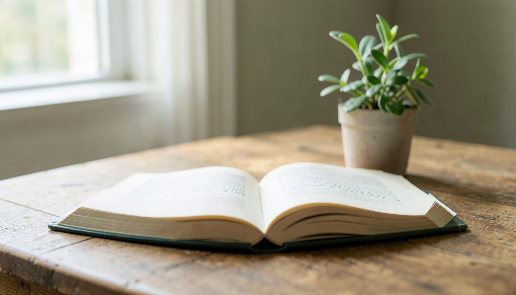 A serene composition of an open book resting on a wooden table beside a small potted plant, bathed in soft natural window light