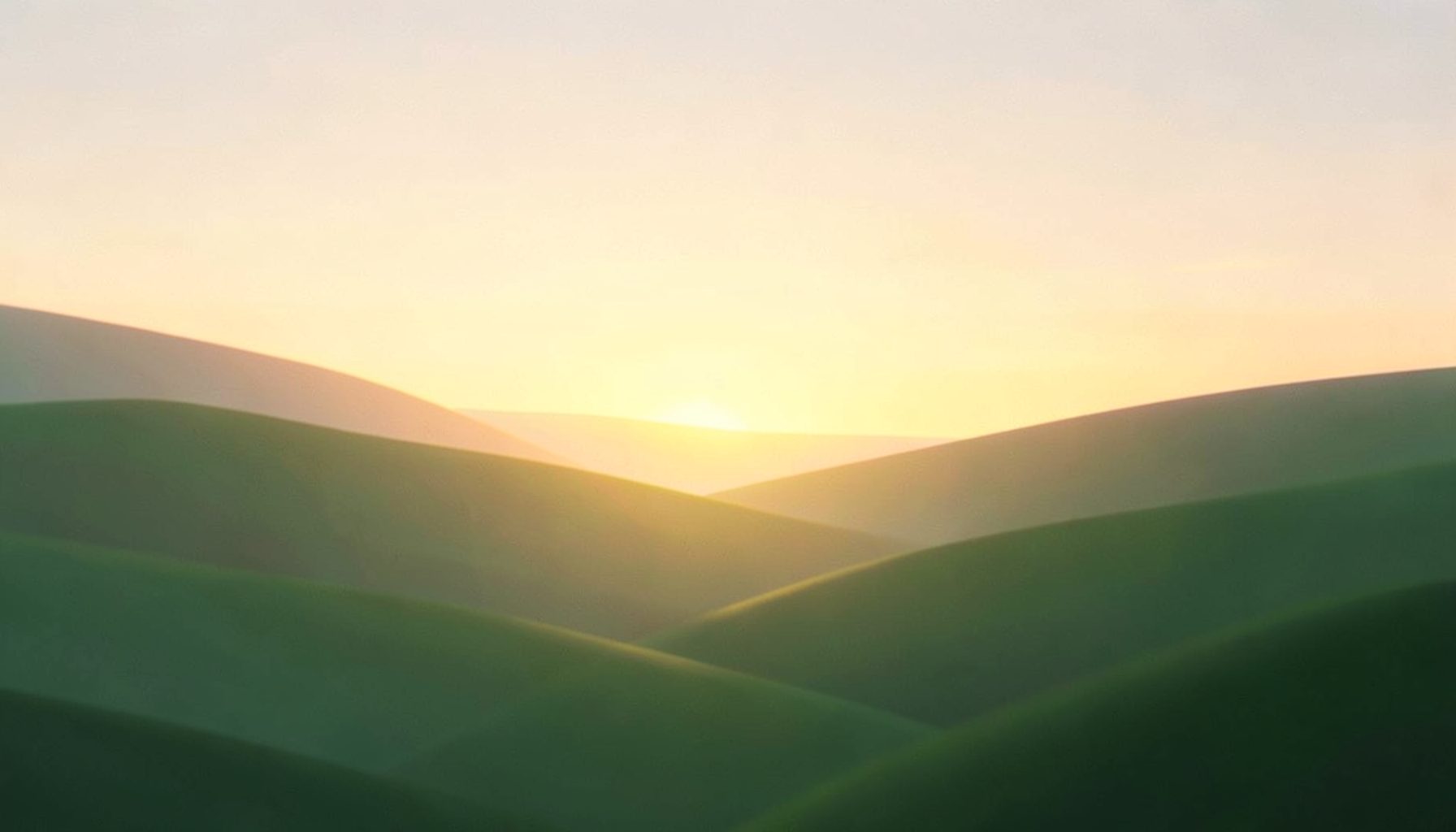 A warm, softly lit abstract landscape at dawn with gentle green hills and a golden horizon, conveying hope and new beginnings.